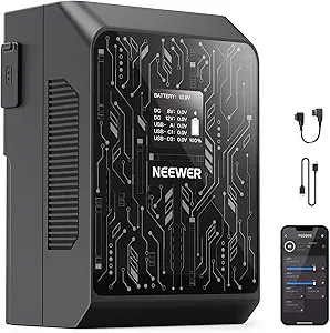 NEEWER Smart Mini V Mount Battery NEEWER APP Control, 6800mAh 99Wh 14.5V with 100W PD Fast Charging, OLED, Dual USB C/D Tap/BP/USB A/Dual DC Ports, Compatible with BMPCC 4k 6k Camcorder Camera, PS099S